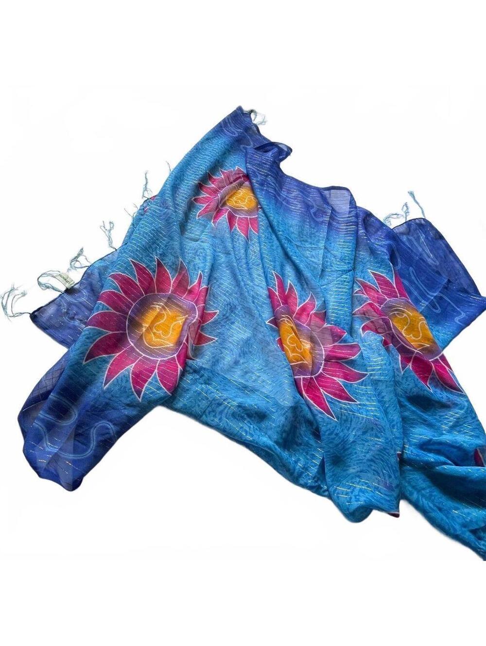 1980s Cleopatra Blue Polyester Scarf with Gold Thread Detailing-Pool Cover-up